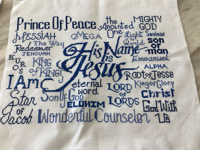 His Name is Jesus stitched by Pauline Doyle