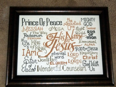 His Name is Jesus stitched by Mary Acosta in brown tones