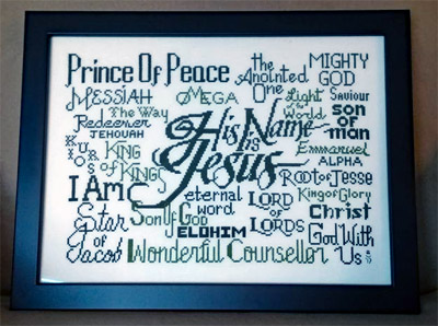 His Name is Jesus stitched by Sheila McPhee