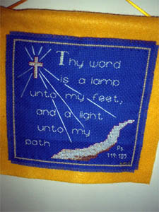 Light Unto My Path stitched by Helen Pugh as a banner