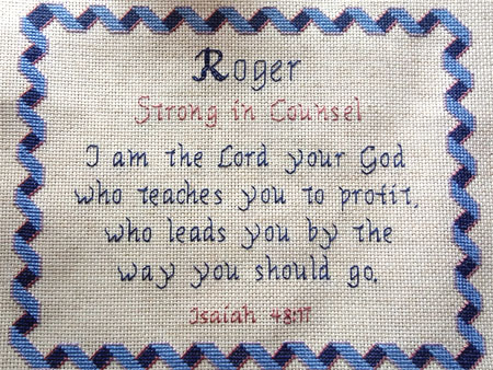 Roger Name Blessings stitched by Trish Estes